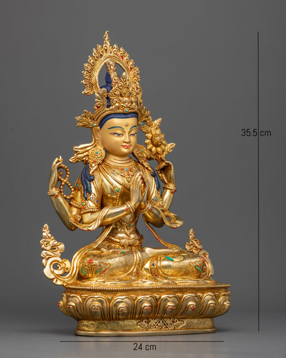 Four-armed Avalokiteshvara Buddhist statue holding crystal mala, jeweled lotus, and wish-fulfilling jewel.
