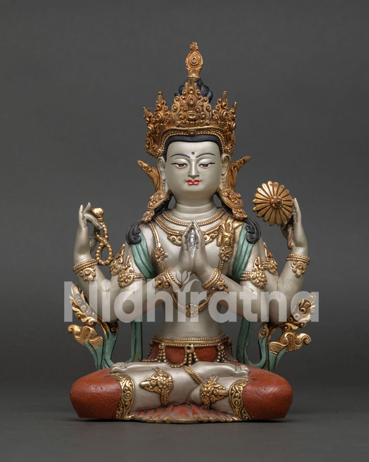 Four-Armed Avalokiteshvara Chenrezig Statue Front View with 24K Gold Gilding from Nepal