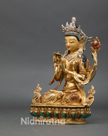 Four-Armed Avalokiteshvara left side view, handcrafted Chenrezig sculpture with intricate details