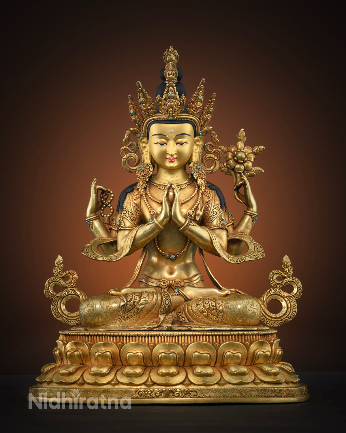 Four-Armed Avalokiteshvara Statue - 24K Gold Fire-Gilded Chenrezig Sculpture, Front