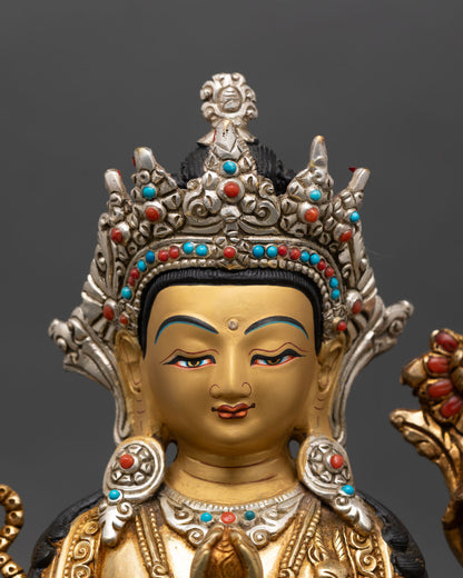 Four-Armed Avalokiteshvara statue close up, handcrafted lost wax copper with gold detail