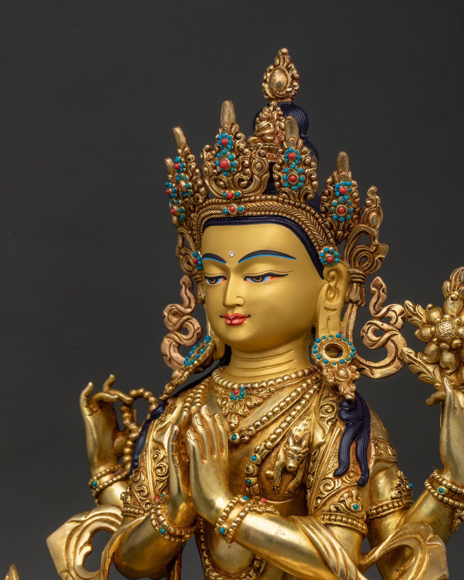 Four-Armed Avalokiteshvara Statue detailed side close up with intricate ornaments