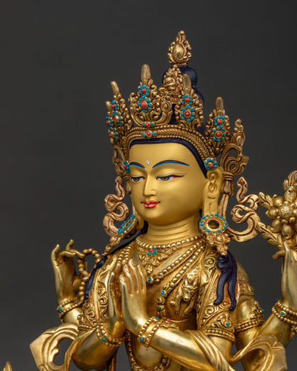 Four-Armed Avalokiteshvara Statue detailed side close up with intricate ornaments