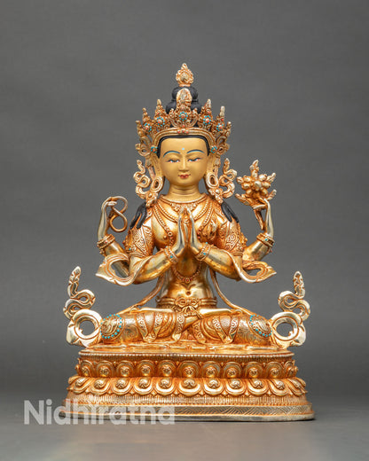 Four-armed Avalokiteshvara statue front view, 24K gold fire-gilded copper Chenrezig from Nepal