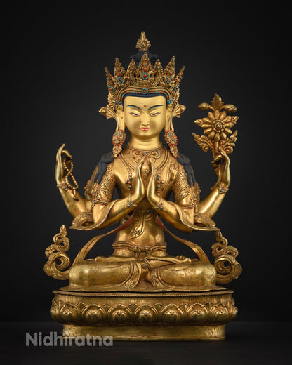 Four-Armed Avalokiteshvara statue front view, gold fire-gilded copper Sculpture