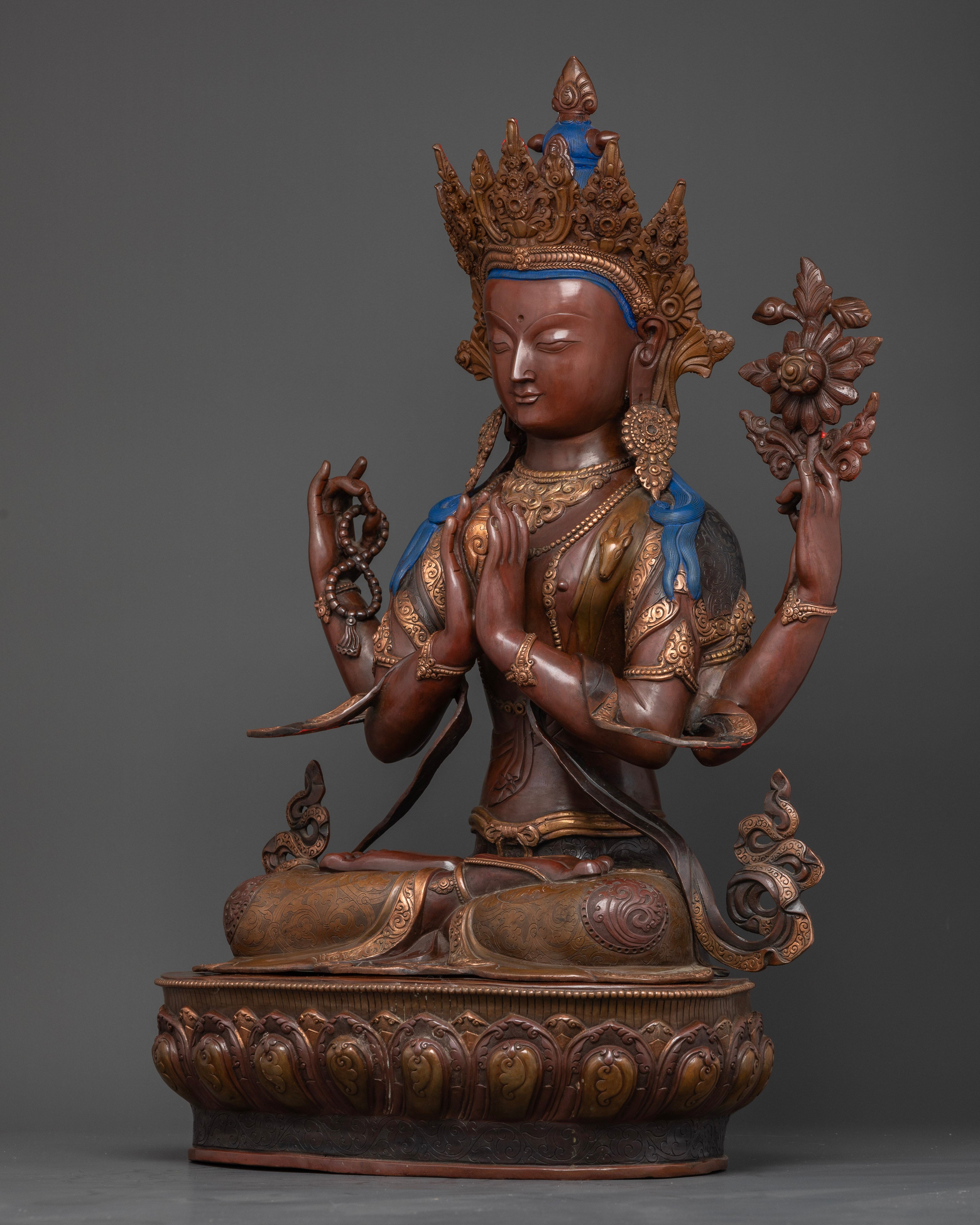 Four Armed Avalokiteshvara Statue Holding Crystal Rosary Utpala Flowers and Crystal