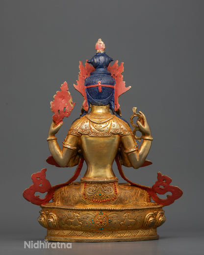 Four armed Avalokiteshvara statue seated on lotus pedestal for Buddhist altars and meditation