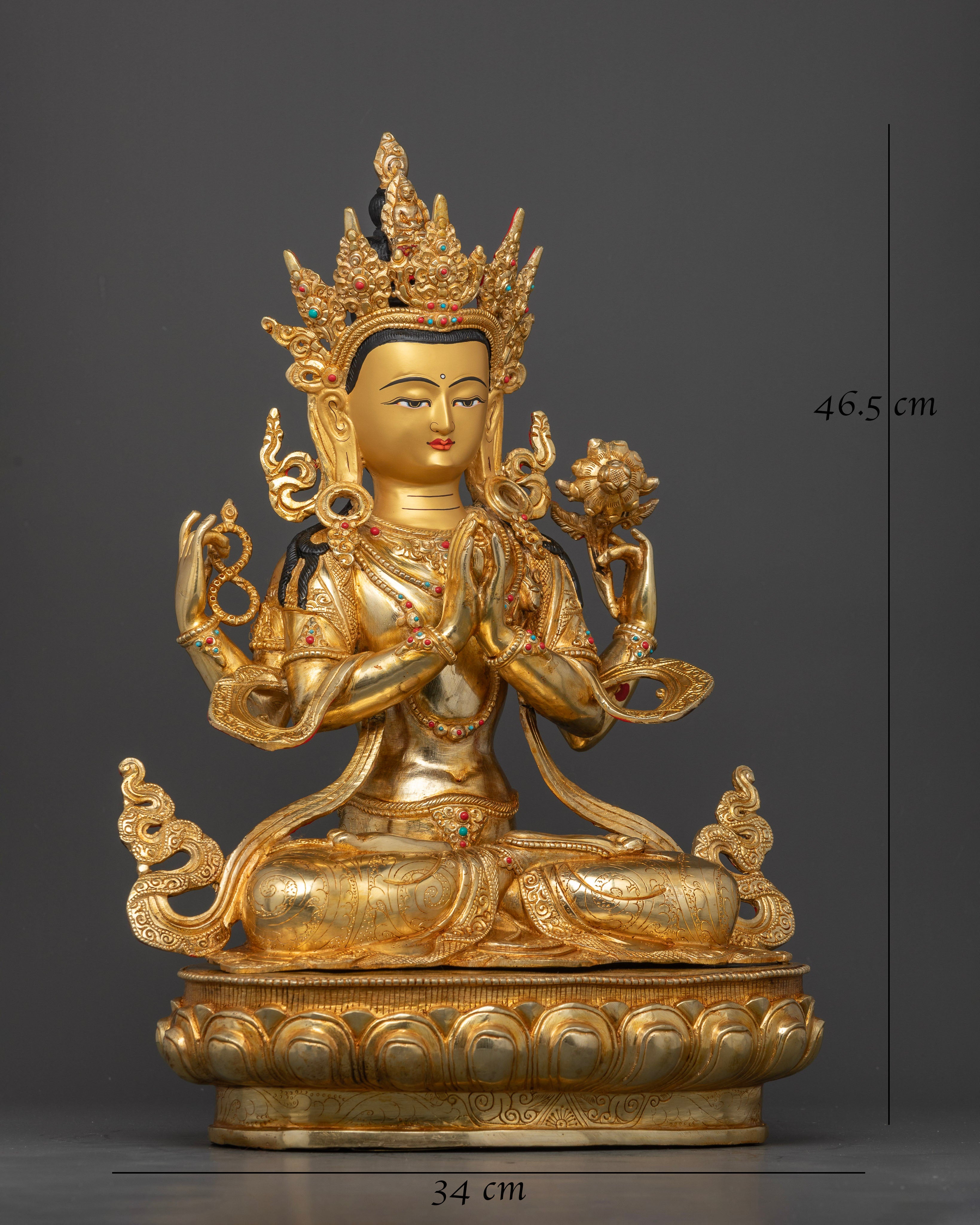 Four-Armed Avalokiteshvara Statue, Seated on Lotus Throne with Sacred Buddhist Symbols