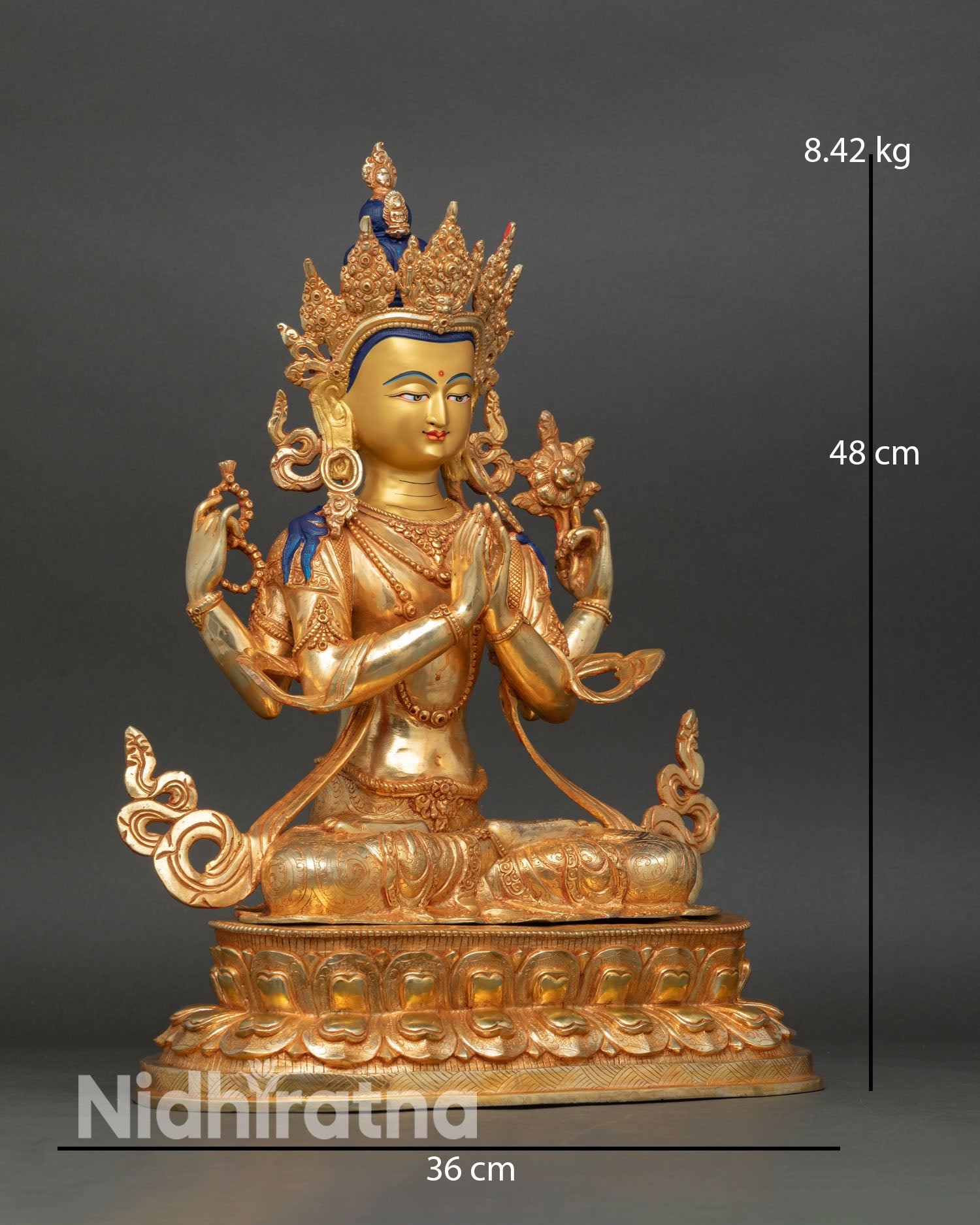 Four-Armed Avalokiteshvara statue side view tiered lotus pedestal gold fire gilded copper meditation shrine sculpture Nepal
