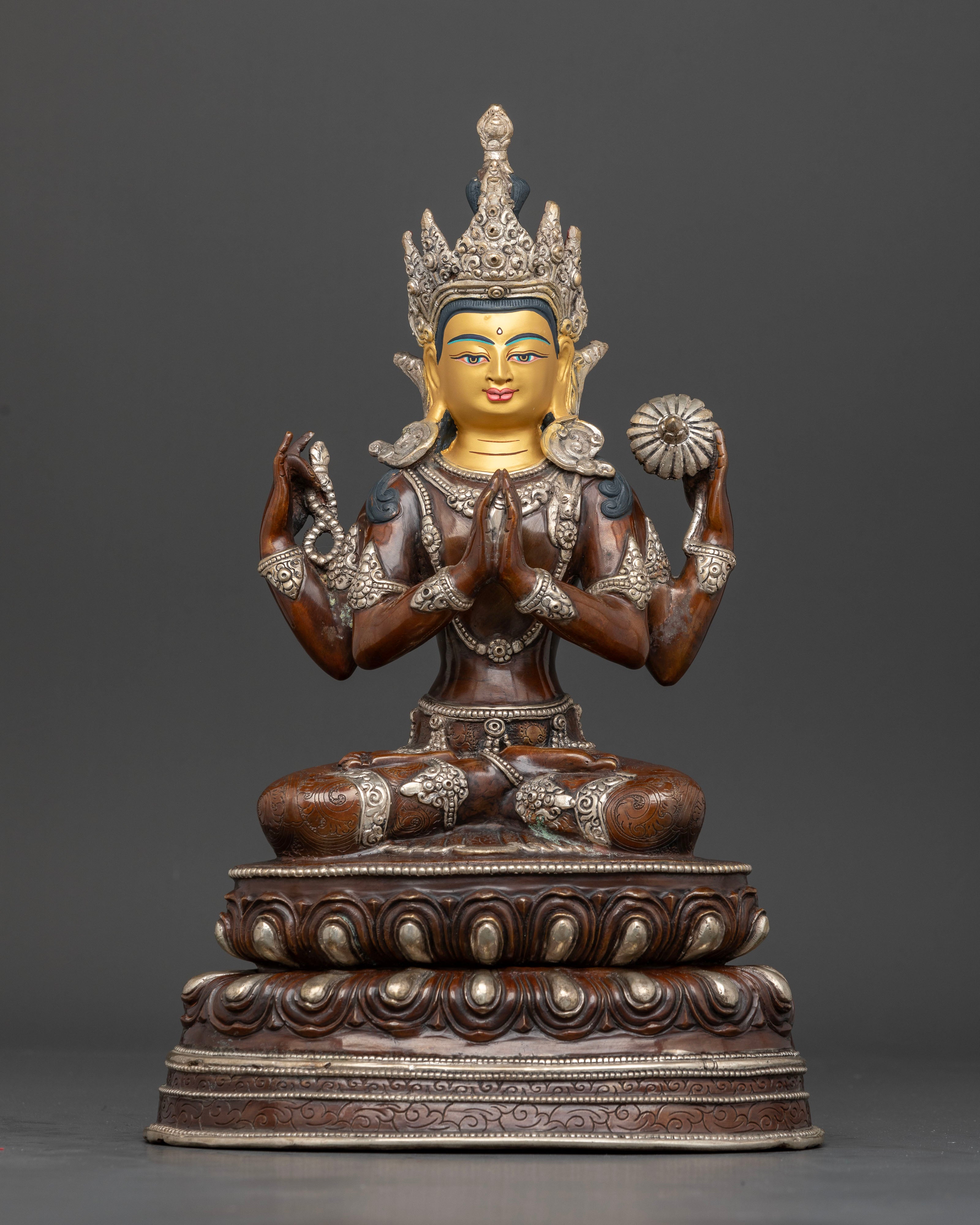 Four Armed Avalokiteshvara statue with Anjali Mudra, mala and lotus details