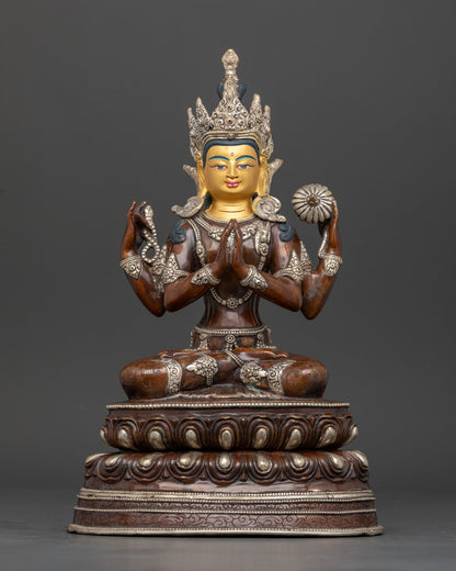 Four Armed Avalokiteshvara statue with Anjali Mudra, mala and lotus details