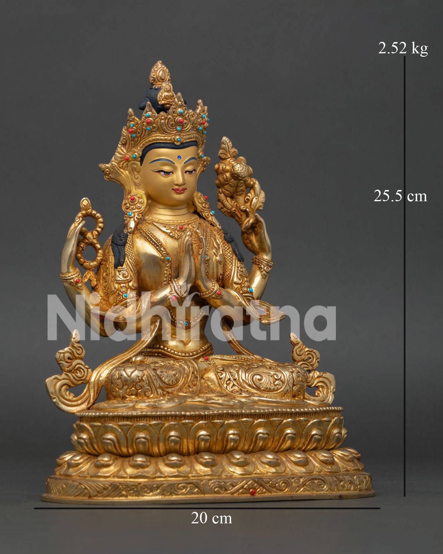 Four-Armed Avalokiteshvara Statue with Gold-Painted Face and Crystal Rosary Detail