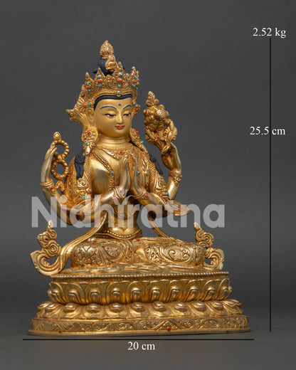 Four-Armed Avalokiteshvara Statue with Gold-Painted Face and Crystal Rosary Detail