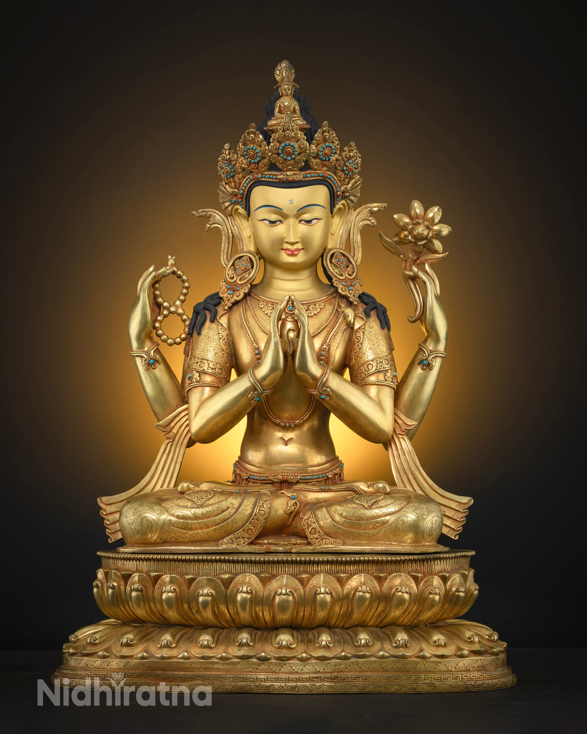 Four-Armed Chenrezig Avalokiteshvara statue, Anjali Mudra with wish-fulfilling jewel, front view