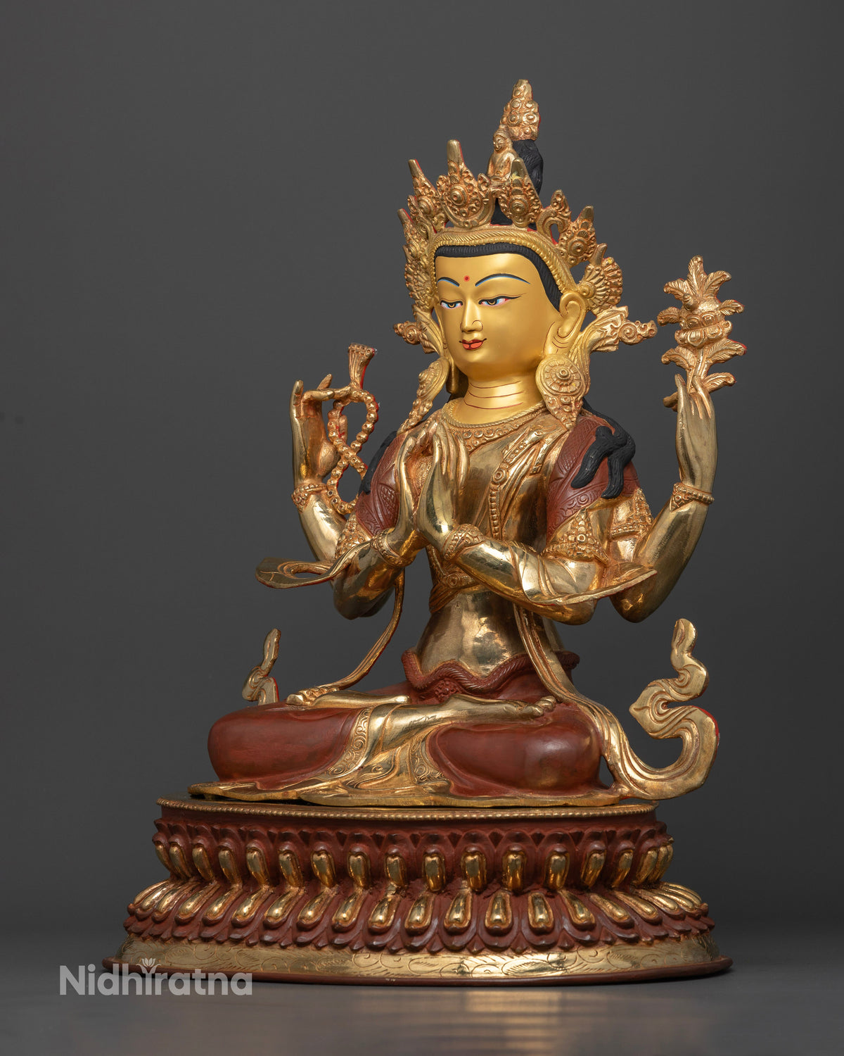 Four-Armed Chenrezig Avalokiteshvara Statue Seated on Double Lotus Pedestal