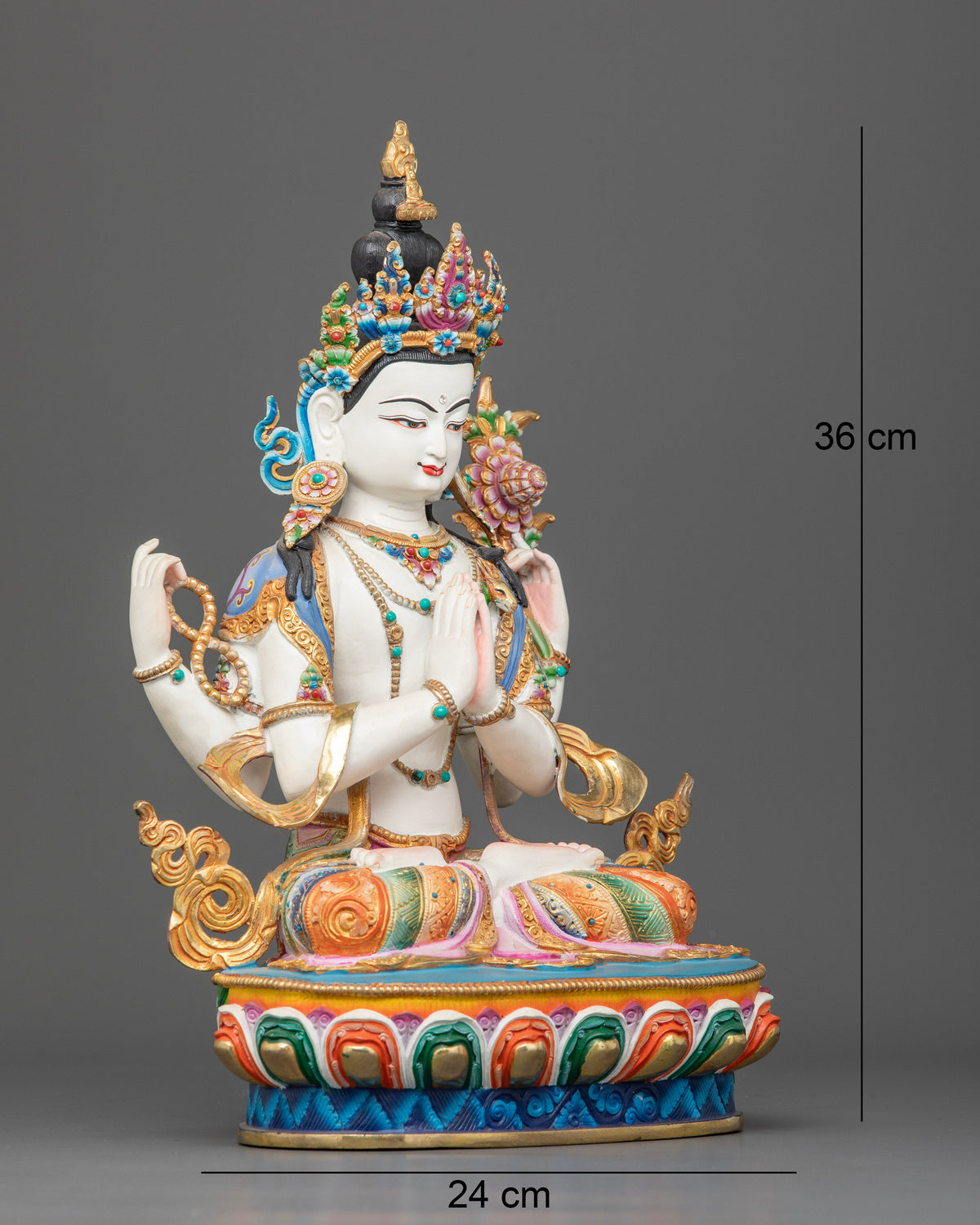 Four armed Chenrezig Bodhisattva statue with white painted body and gold gilded jewelry