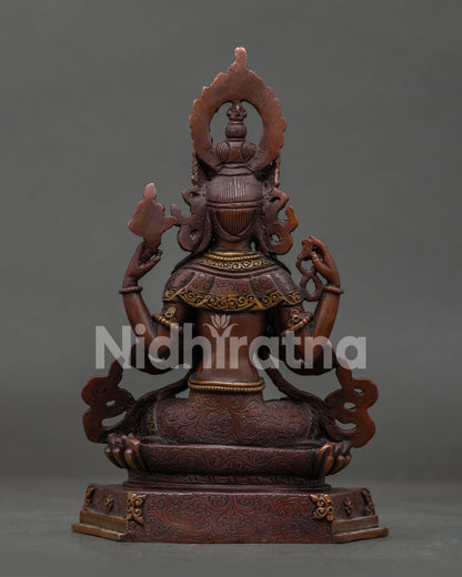 Four Armed Chenrezig Buddhist Statue with Oxidized Copper Nepalese Craftsmanship.