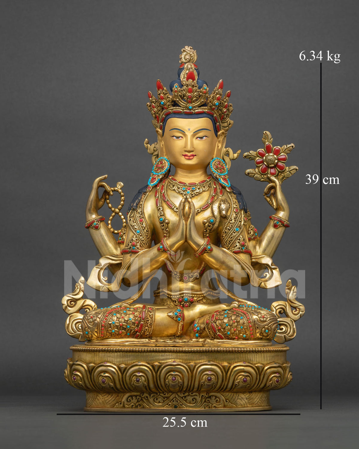Four-armed Chenrezig copper statue, front view, gold fire-gilded Avalokiteshvara from Nepal