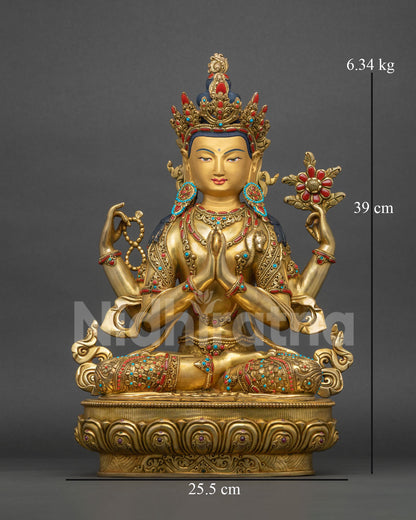 Four-armed Chenrezig copper statue, front view, gold fire-gilded Avalokiteshvara from Nepal