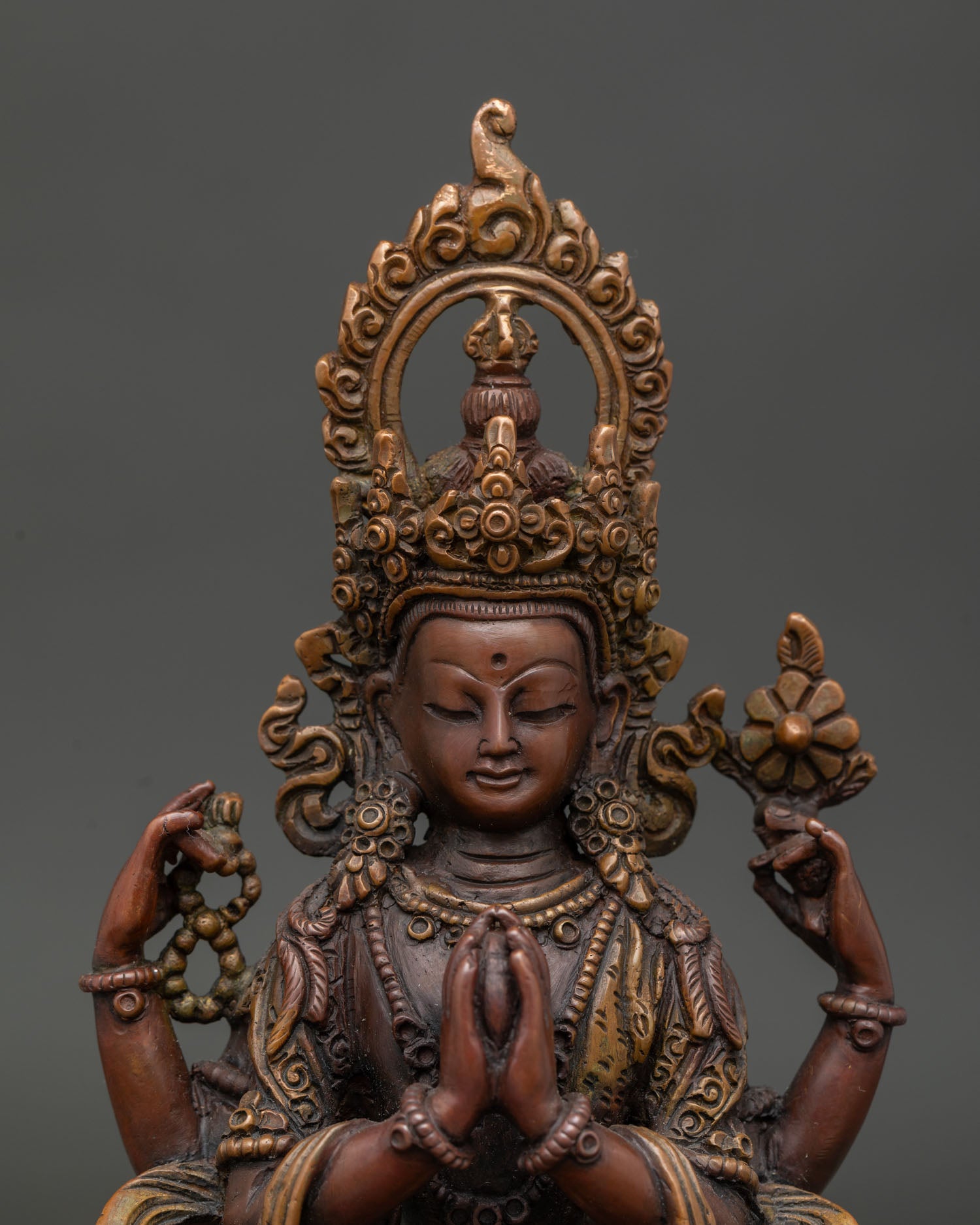 Four Armed Chenrezig Copper Statue Holding Mala and Utpala Flower.