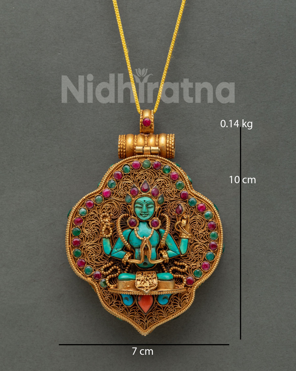 Four-armed Chenrezig Ghau Mala front view with turquoise deity and gold filigree
