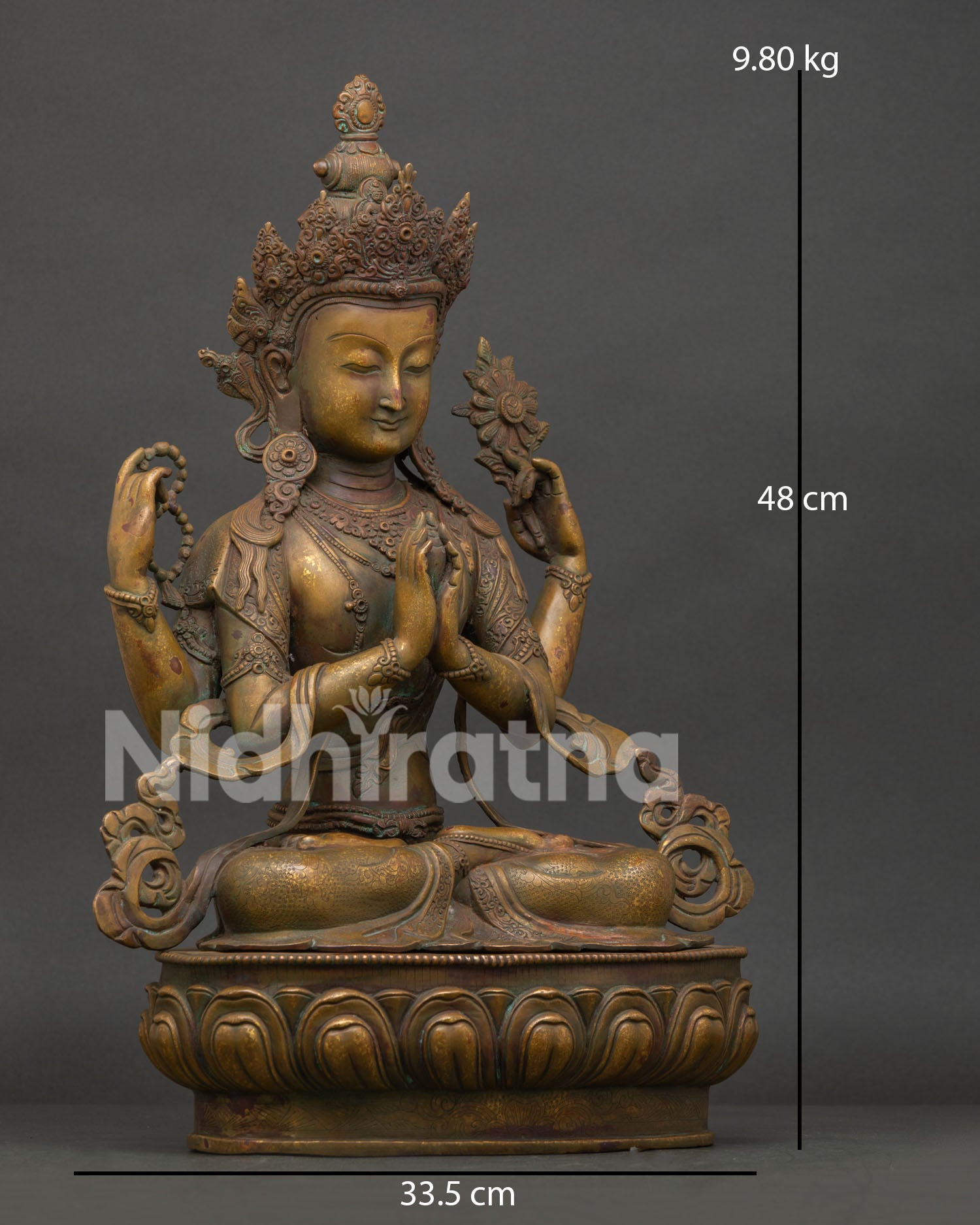 Four Armed Chenrezig holding crystal rosary lotus flower and wish fulfilling jewel statue.