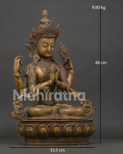 Four Armed Chenrezig holding crystal rosary lotus flower and wish fulfilling jewel statue.