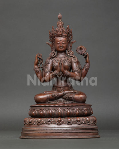 Four-Armed Chenrezig Oxidized Copper Statue seated on lotus throne, handmade Tibetan Buddhist sculpture