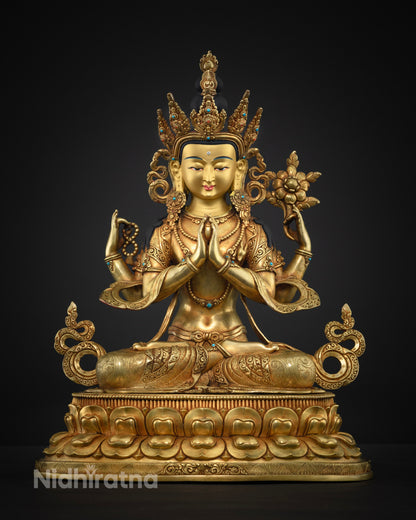 Four-Armed Chenrezig Statue - 24K Gold Fire-Gilded Avalokiteshvara Sculpture, Front