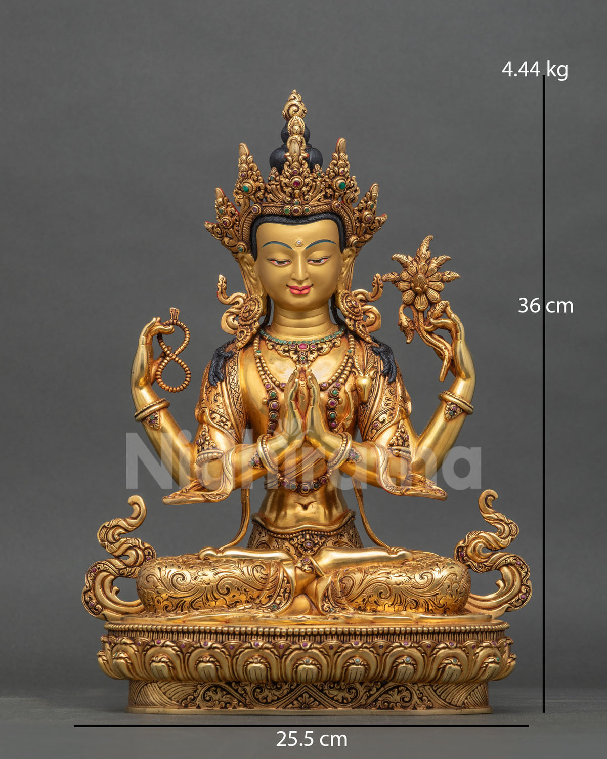 Four-armed Chenrezig statue, 24K gold fire-gilded copper Bodhisattva of Compassion from Nepal