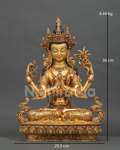 Four-armed Chenrezig statue, 24K gold fire-gilded copper Bodhisattva of Compassion from Nepal