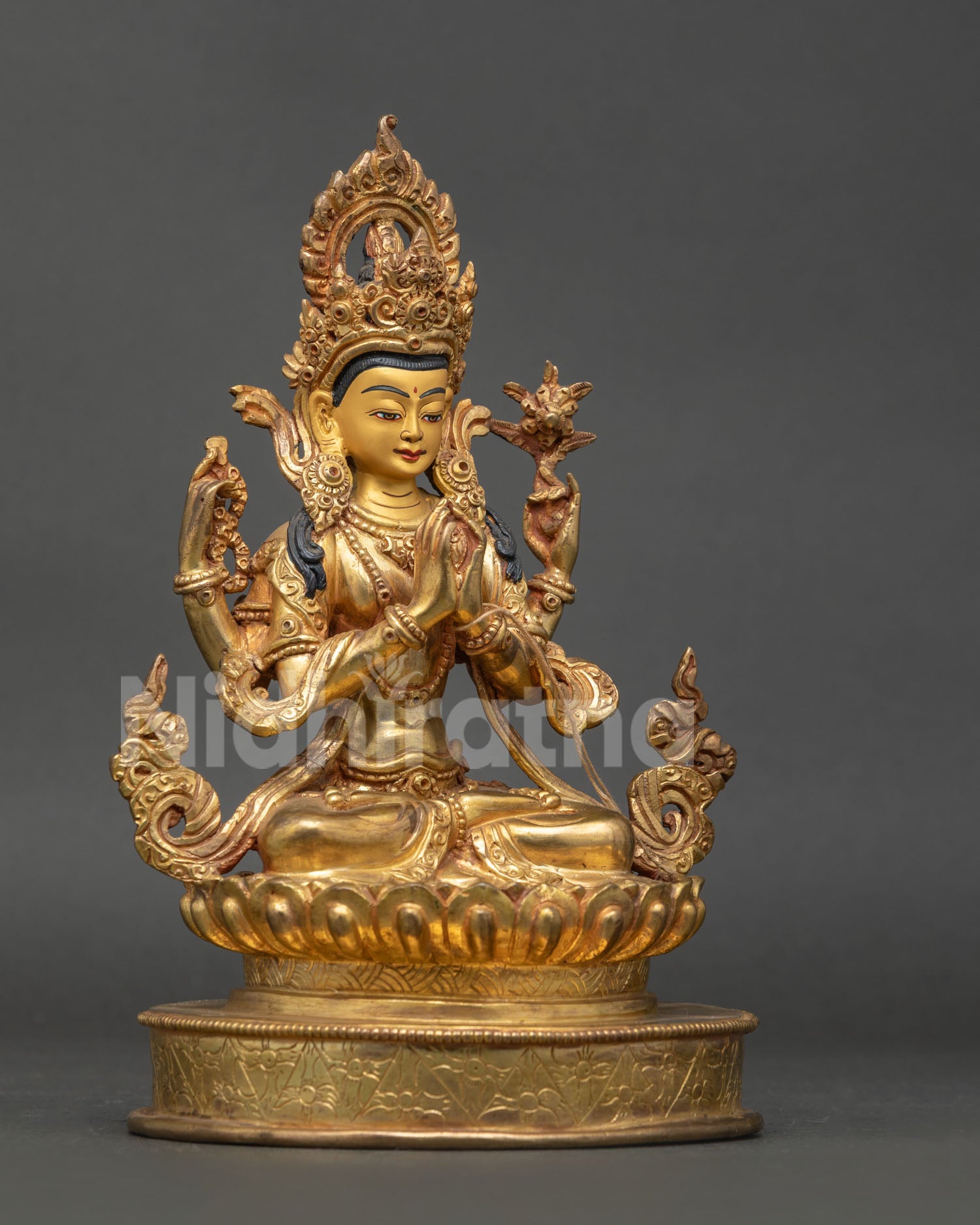 Four Armed Chenrezig Statue Anjali Mudra Wish Fulfilling Jewel Detail.