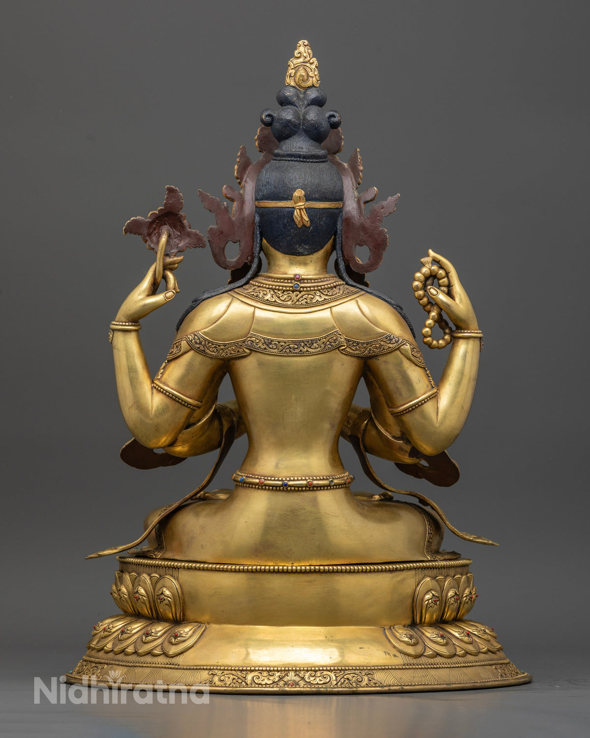 Four-Armed Chenrezig Statue, back view showing hand-carved gold-gilded detailing