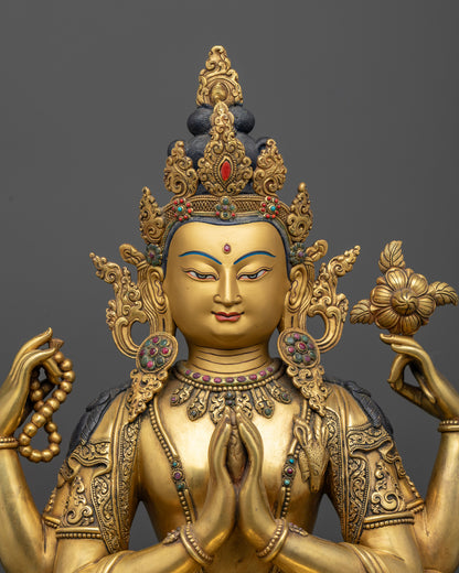 Four-Armed Chenrezig Statue close-up, gold-gilded copper Avalokiteshvara upper body