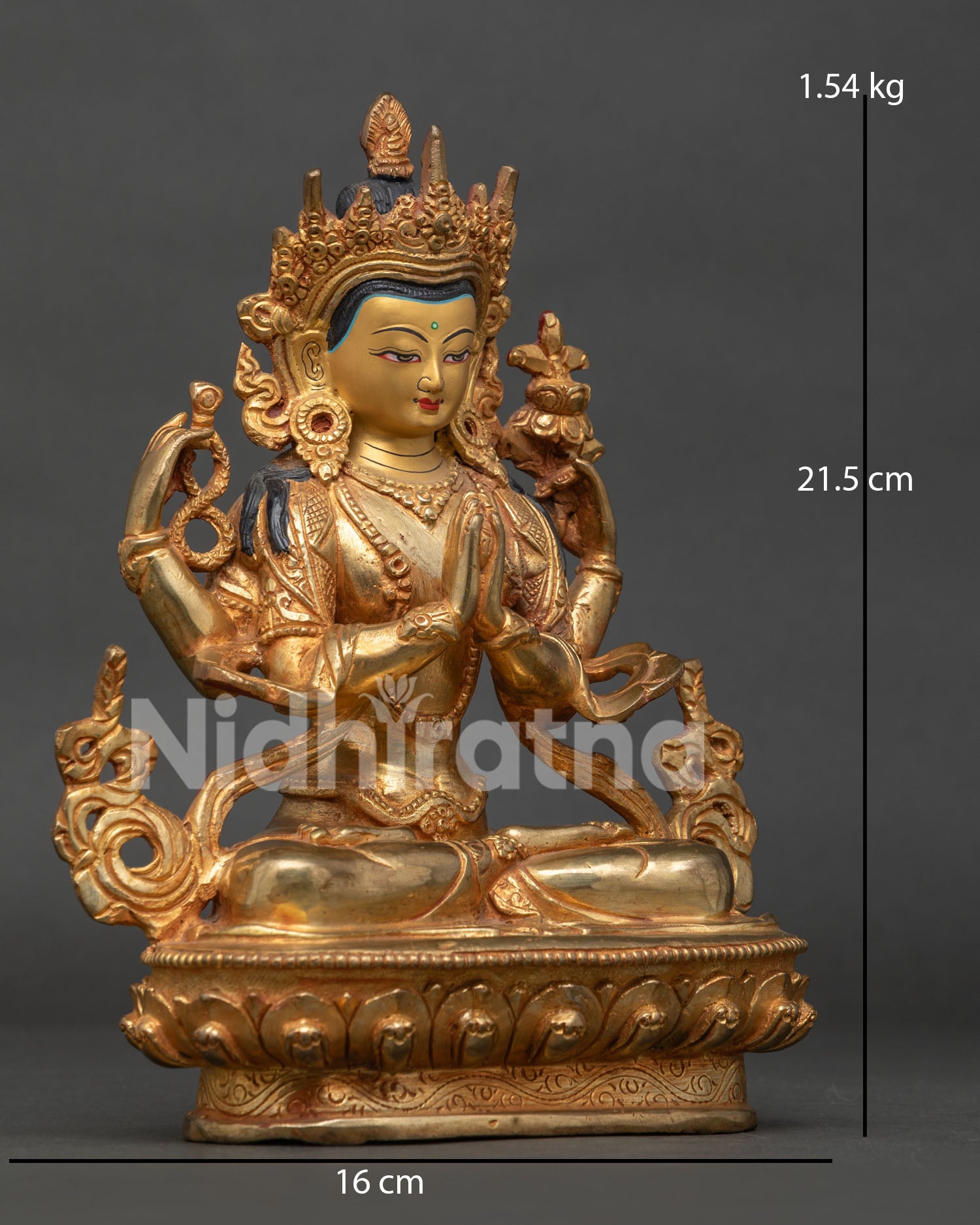 Four Armed Chenrezig Statue Crystal Rosary and Lotus Flower Detailed View.