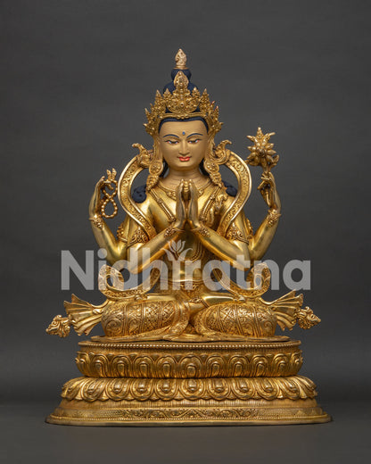 Four Armed Chenrezig Statue from Nepal front view with gold gilded copper craftsmanship
