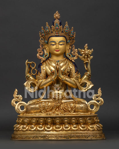 Four-Armed Chenrezig Statue front view Avalokiteshvara Buddhist sculpture from Nepal