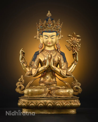 Four-Armed Chenrezig statue front view, gold-gilded copper Avalokiteshvara handcrafted in Nepal