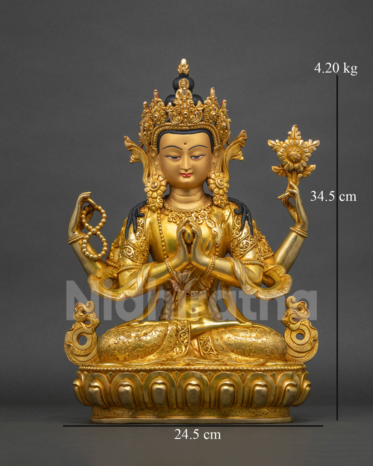 Four-Armed Chenrezig statue front view, gold-gilded copper sculpture from Nepal