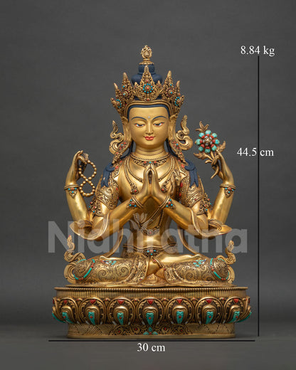 Four-Armed Chenrezig statue front view, handcrafted 24K gold fire-gilded copper sculpture