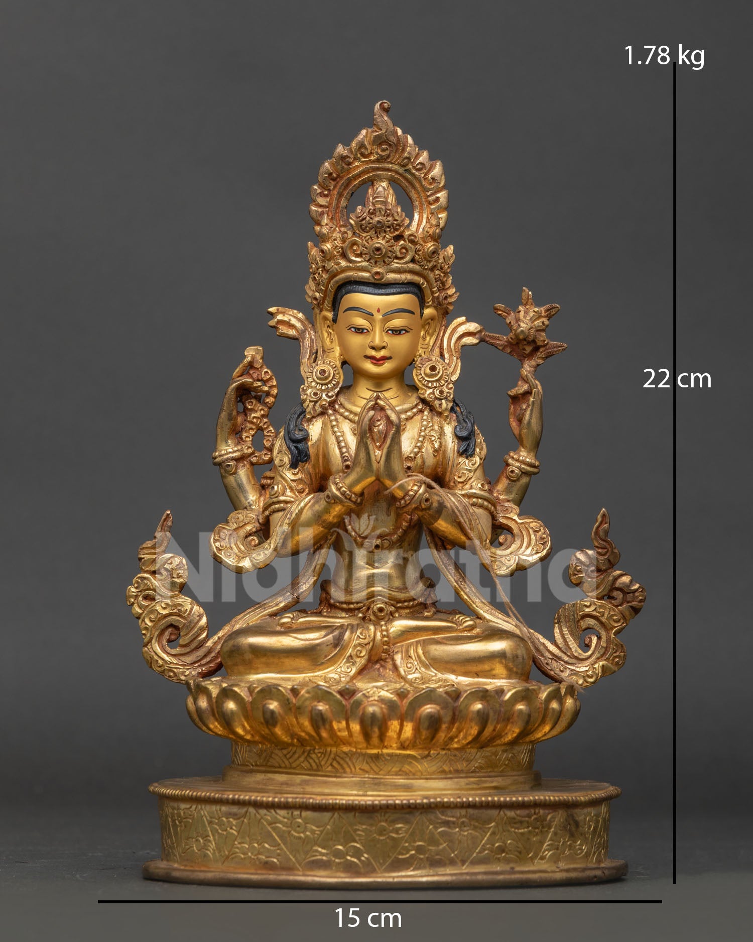 Four Armed Chenrezig Statue Gold Fire Gilded Copper Front View.