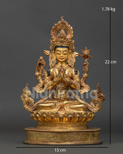 Four Armed Chenrezig Statue Gold Fire Gilded Copper Front View.