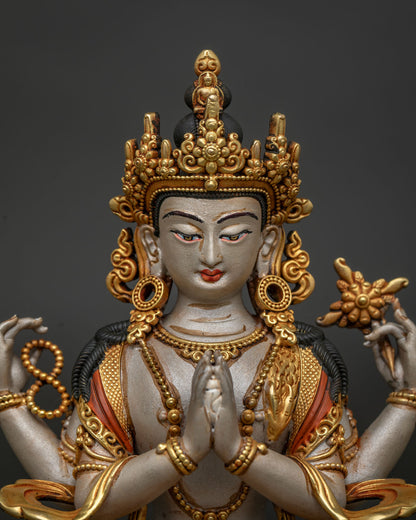Four-Armed Chenrezig Statue Gold Gilded Copper Close Up Detail