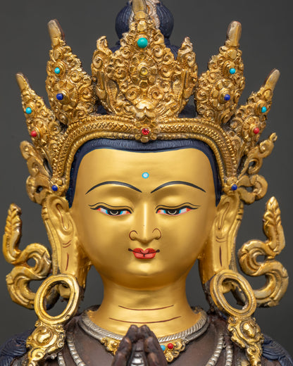 Four Armed Chenrezig Statue Gold Gilded Oxidized Copper Regular Close Up