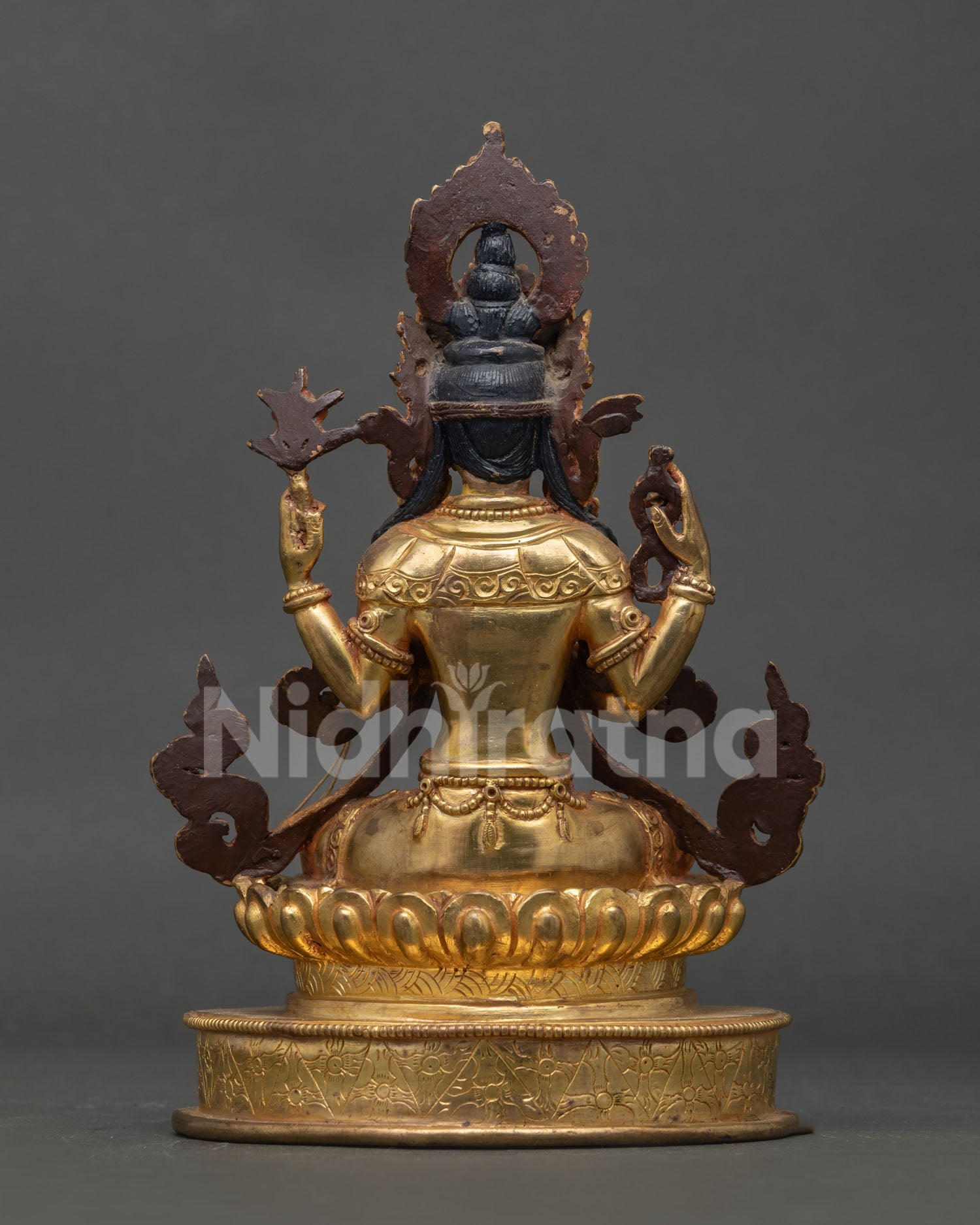 Four Armed Chenrezig Statue Handcarved Silk Garment Lotus Throne Detail.