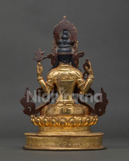 Four Armed Chenrezig Statue Handcarved Silk Garment Lotus Throne Detail.