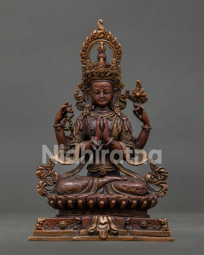 Four Armed Chenrezig Statue Handcrafted by Newari Artisans in Patan Nepal.