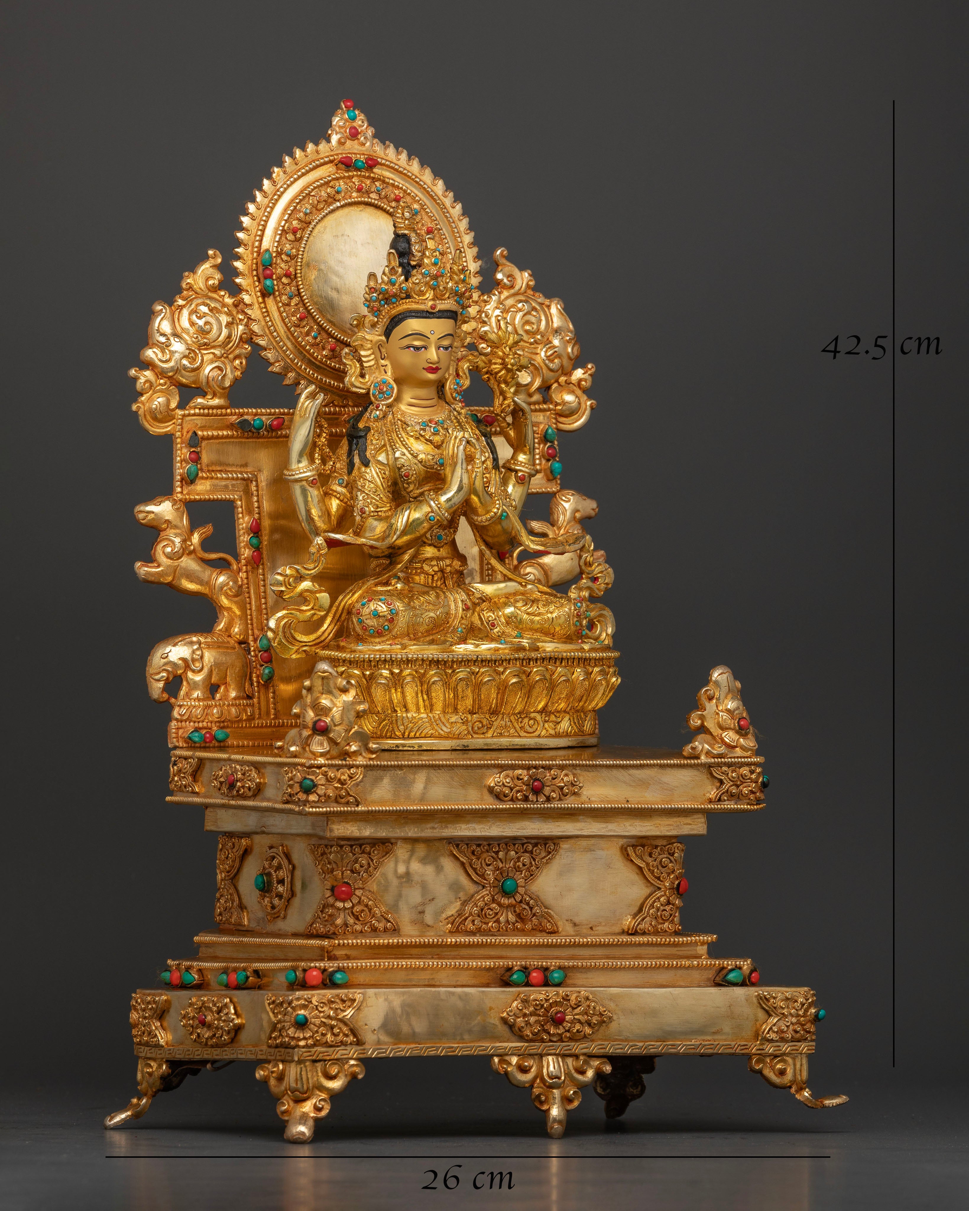 Four-Armed Chenrezig Statue holding crystal rosary and lotus on ornate throne