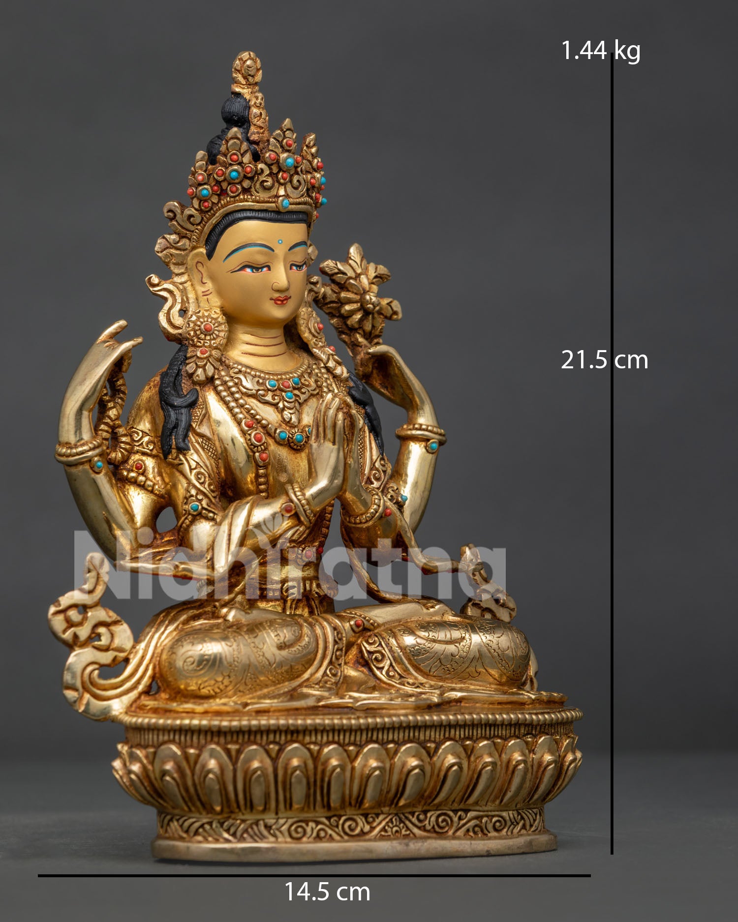 Four Armed Chenrezig Statue, Holding Crystal Rosary and Lotus 