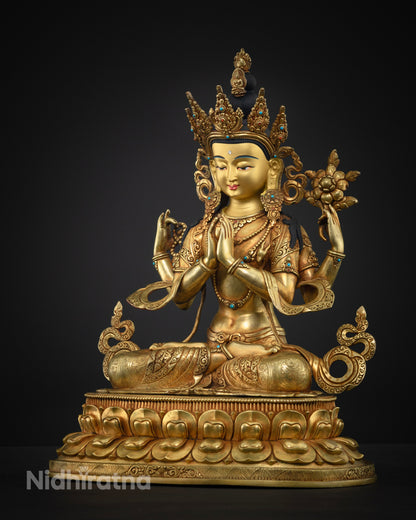 Four-Armed Chenrezig Statue - Left Side View, 24K Gold Sculpture